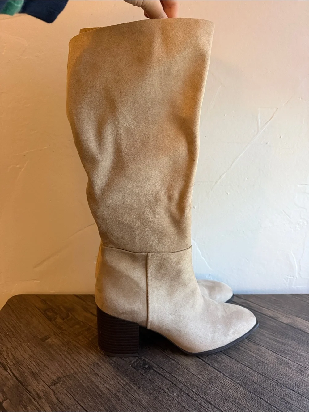Over-The-Knee Suede Boots in Tan with Stacked Heel